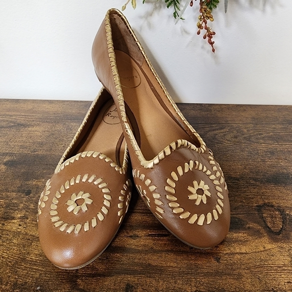 Jack Rogers Tan Leather Whipstitch Flats with Cream Embroidery